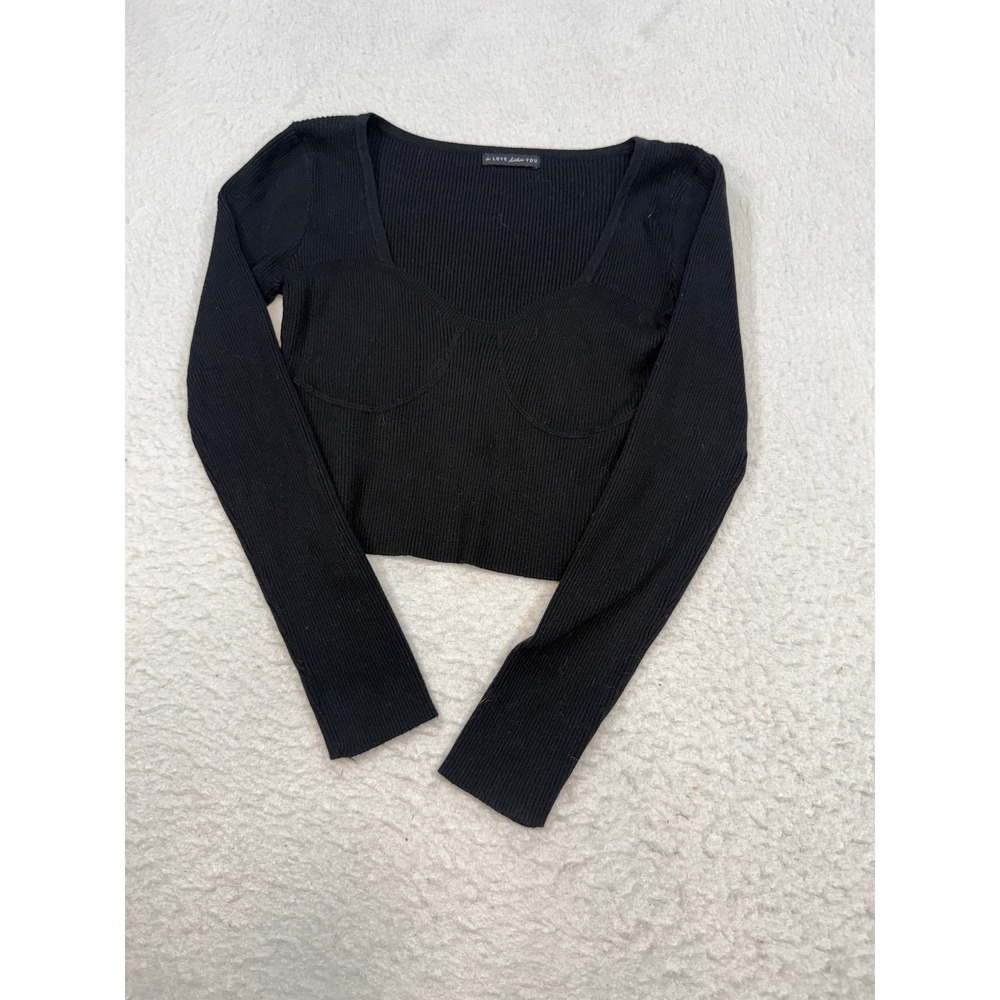 A Love Like You Black Ribbed Sweetheart Neck Long Sleeve Crop Top GSW3145 L